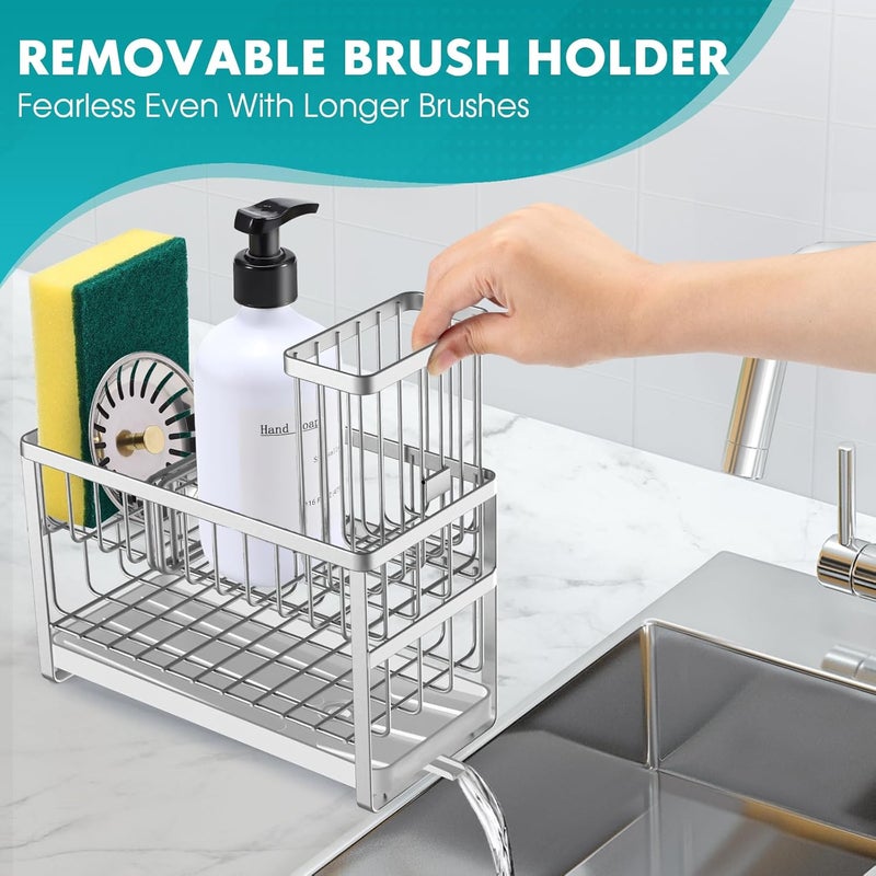 Sinnsally Kitchen Sponge Holder,2 Tier Sink Caddy Organizer with High Brush Holder,Stainless Steel Sink Box Dish Scrubber Holder,Soap Tray for Kitchen Counter Accessories & Storage Rack (Silver) - Image 3